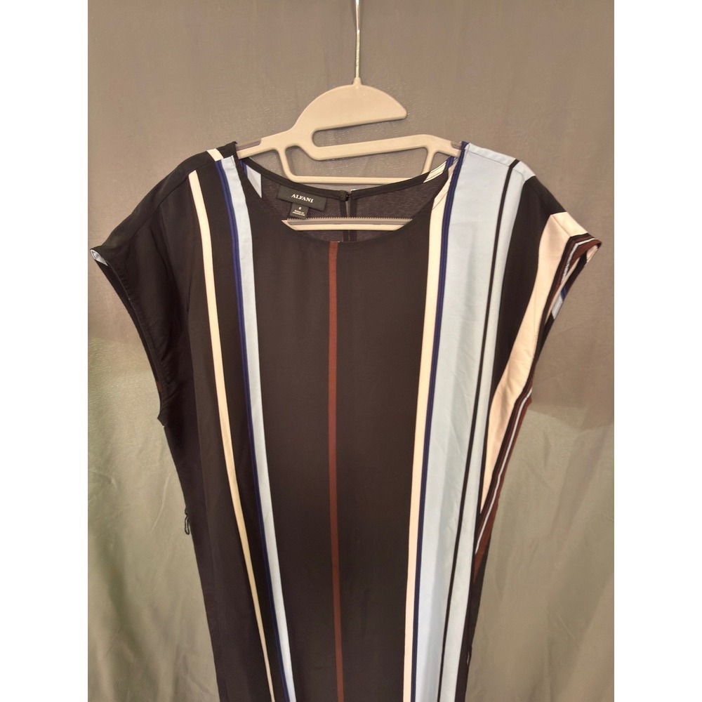 Alfani Midi Dress Womens 6 Black Blue Rust Vertical Stripe Sleeveless Work